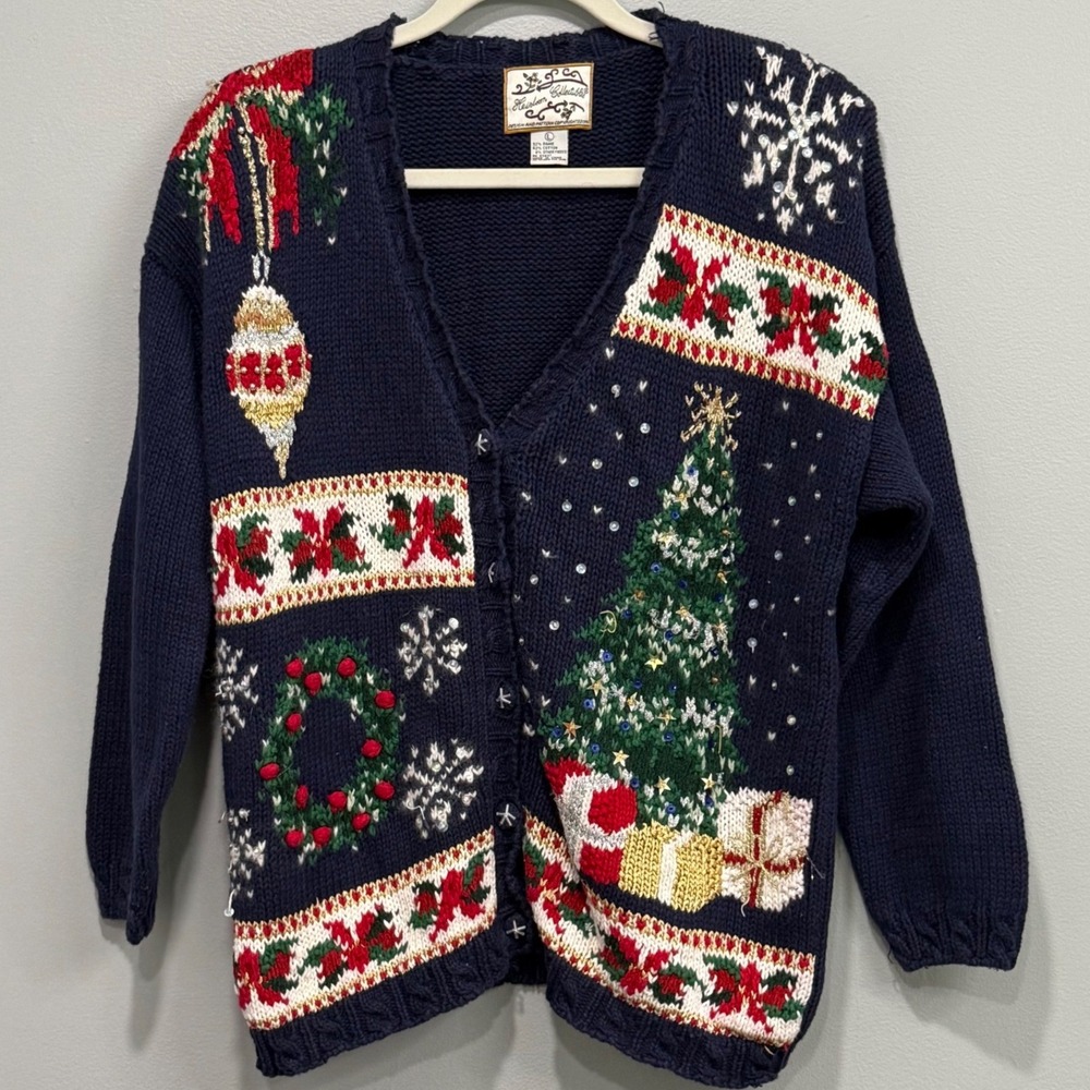 Vintage Heirloom Collectibles Christmas Cardigan Navy Blue Sequin Sweater Large